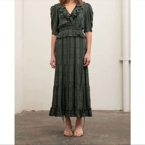 Moon River Women's Ruffle V Neck Tiered Midi Dress in Green Multi